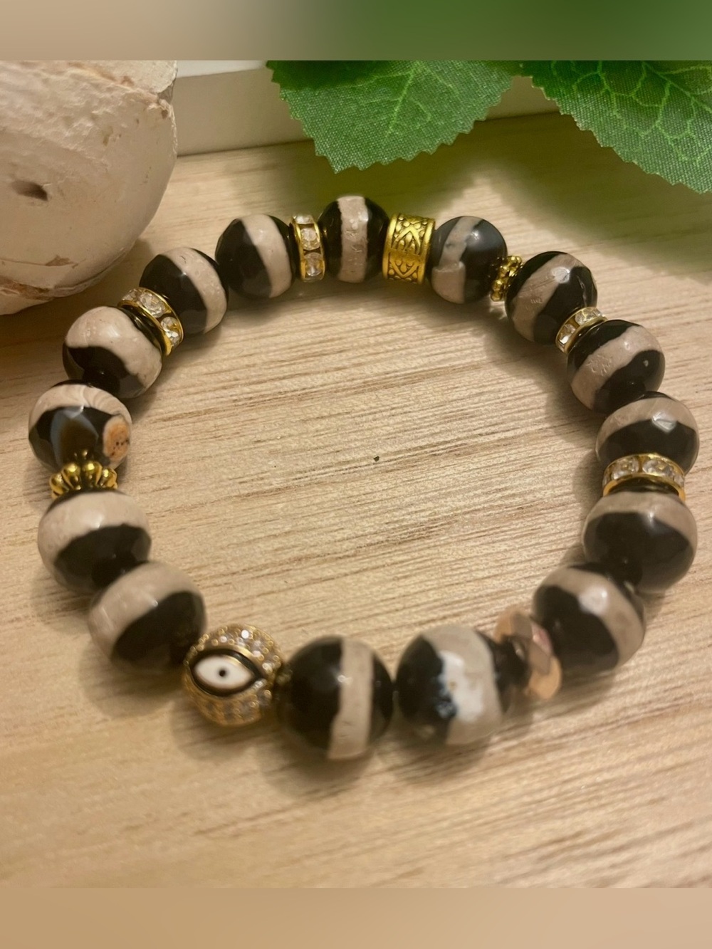 Black/Tan Tibetan Agate Bracelet with Evil eye Bead Gold Accents and CZ 10mm